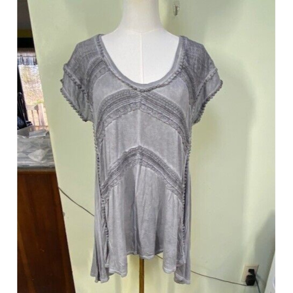 Knox Rose Blouse Womens Sz M Crochet Lace Tunic Top Short Sleeve Gray Bohemian